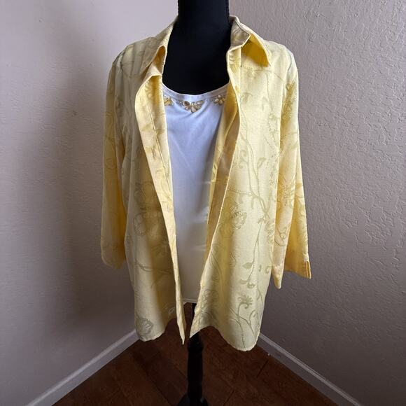 Alfred Dunner Yellow Blouse Tank Top Set Floral Embroidered Sheer Jacket 16 - Picture 1 of 8
